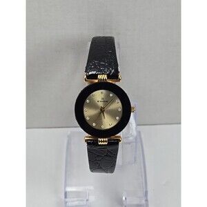Edox Swiss Womens Vintage Dress Watch Gold Black Leather Crystal New Battery